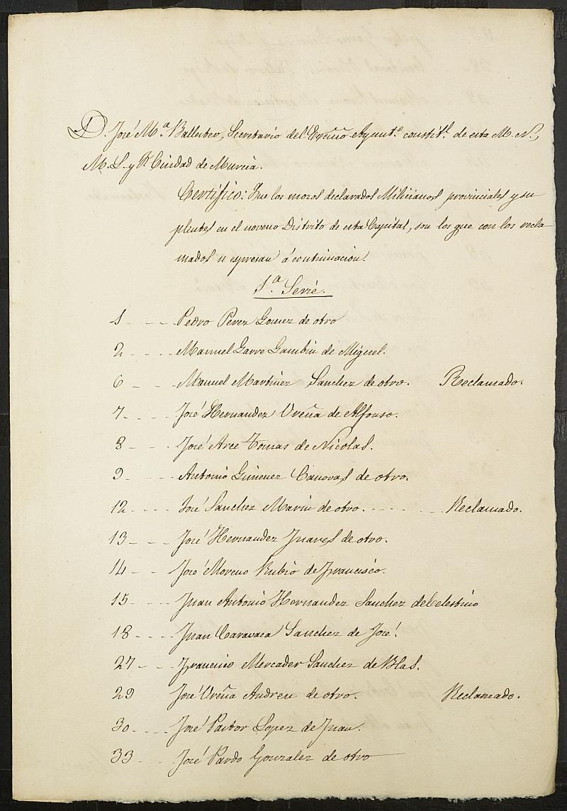 Certificado de los mozos declarados milicianos del Noveno Distrito del Ayuntamiento de Murcia del reemplazo de 1856.