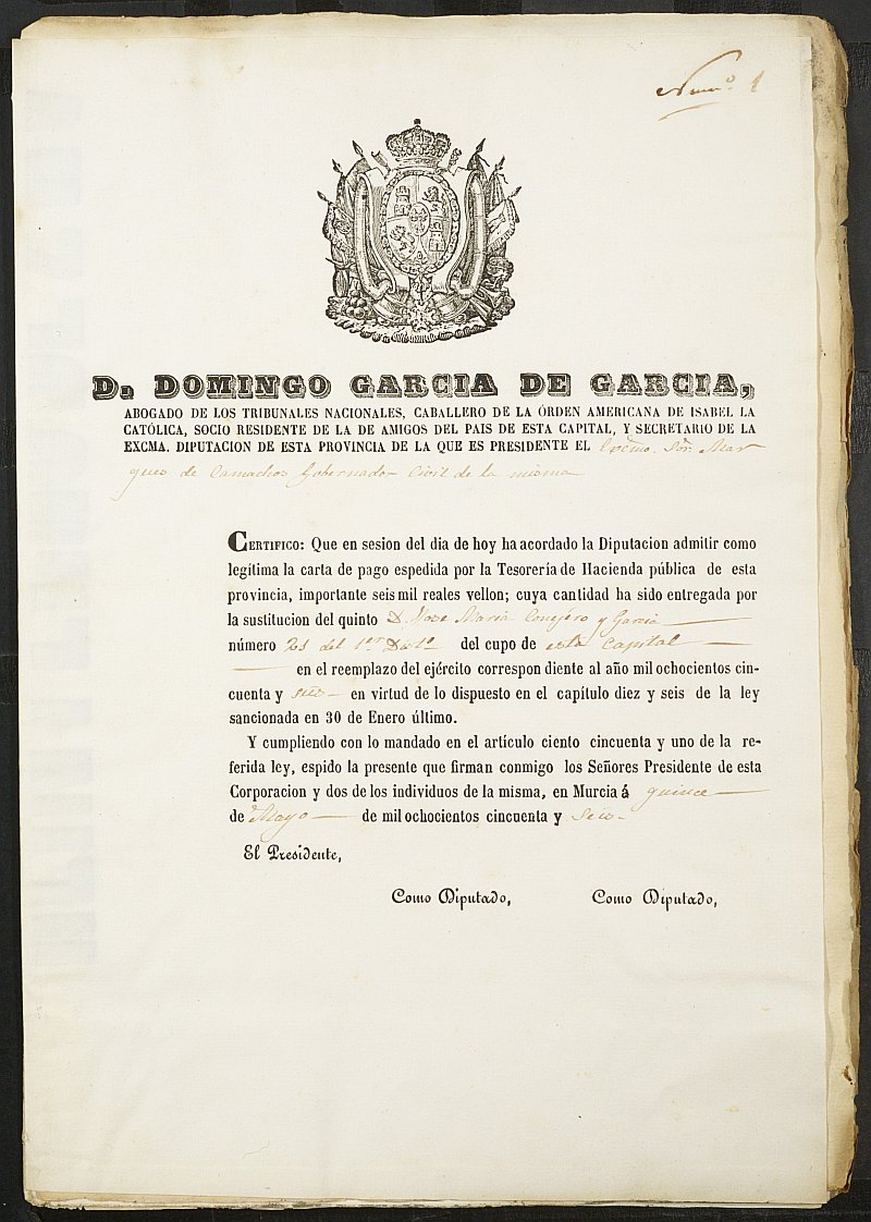Certificados de las cartas de pago de la sustitución para el Ejército del reemplazo de 1856 de Murcia.