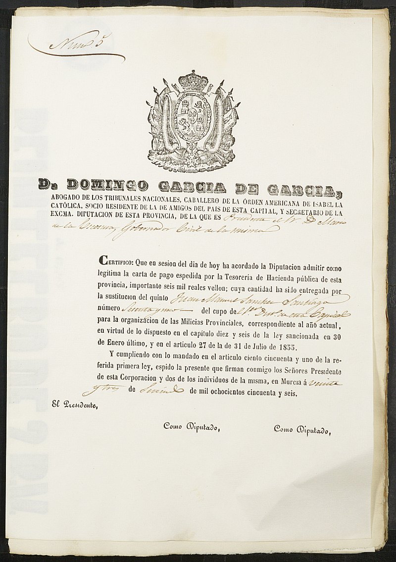 Certificados de las cartas de pago de la sustitución para las Milicias Provinciales del reemplazo de 1856 de Murcia.