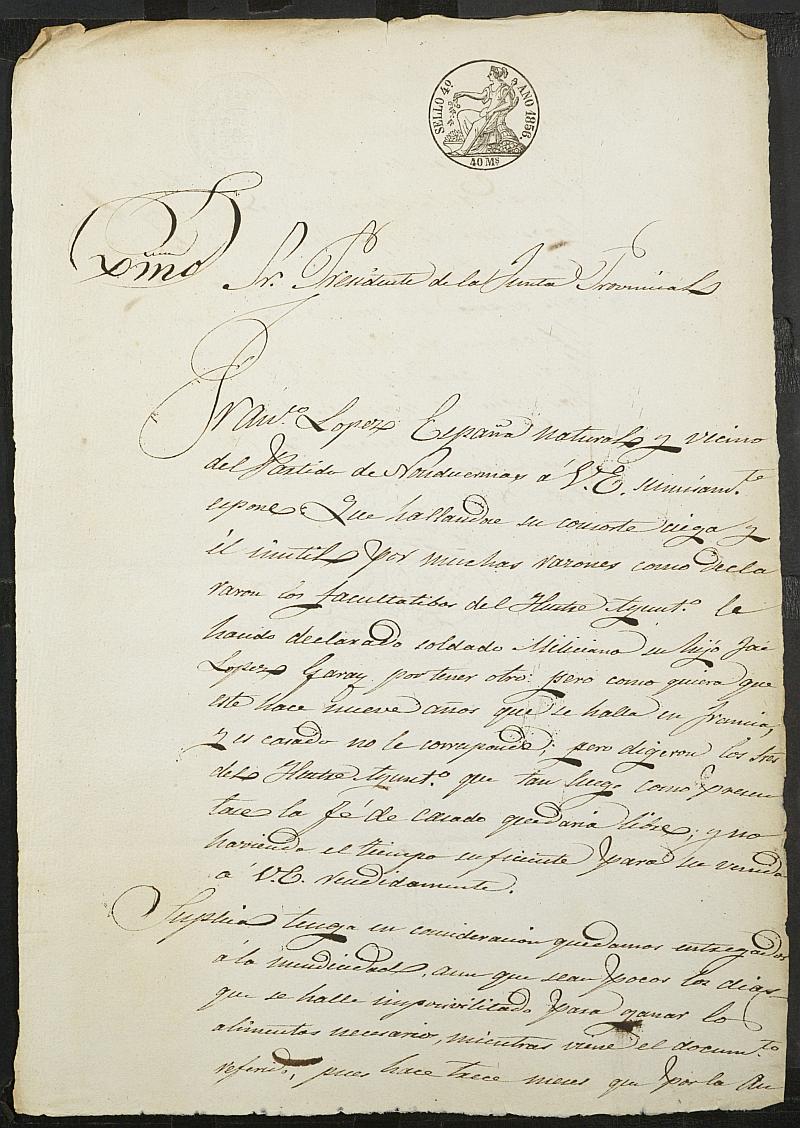 Instancia de Francisco López España solicitando la excepción en el servicio de las Milicias Provinciales de su hijo José López Garay, mozo del reemplazo de 1856 de Murcia.