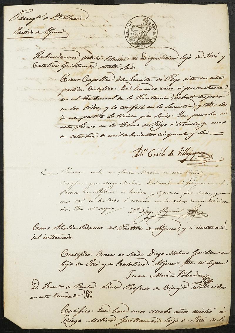 Certificados del cura parroco y el alcalde pedaneo de Aljucer para la justificación de excepción del servicio militar de Diego Molina Guillamón, mozo del reemplazo de 1856 de Murcia.