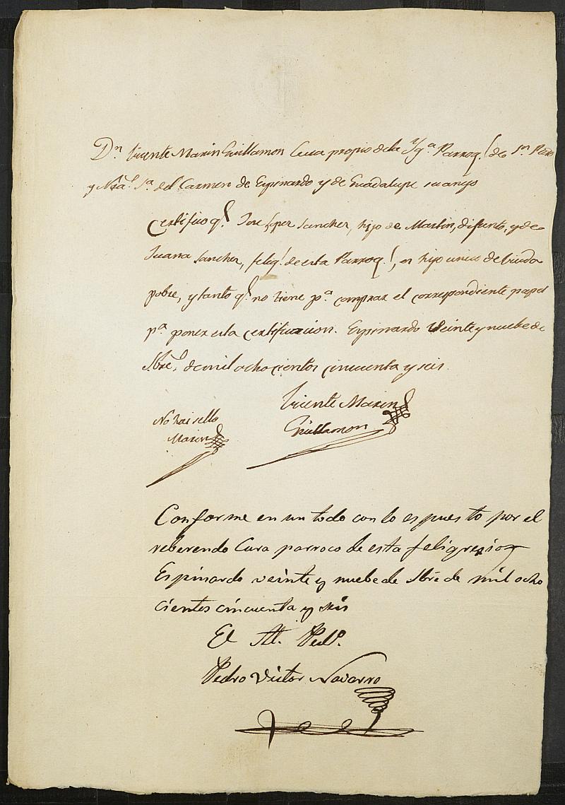 Certificado del cura parroco de Espinardo y Guadalupe para la justificación de excepción del servicio militar de José López Sánchez, mozo del reemplazo de 1856 de Murcia.