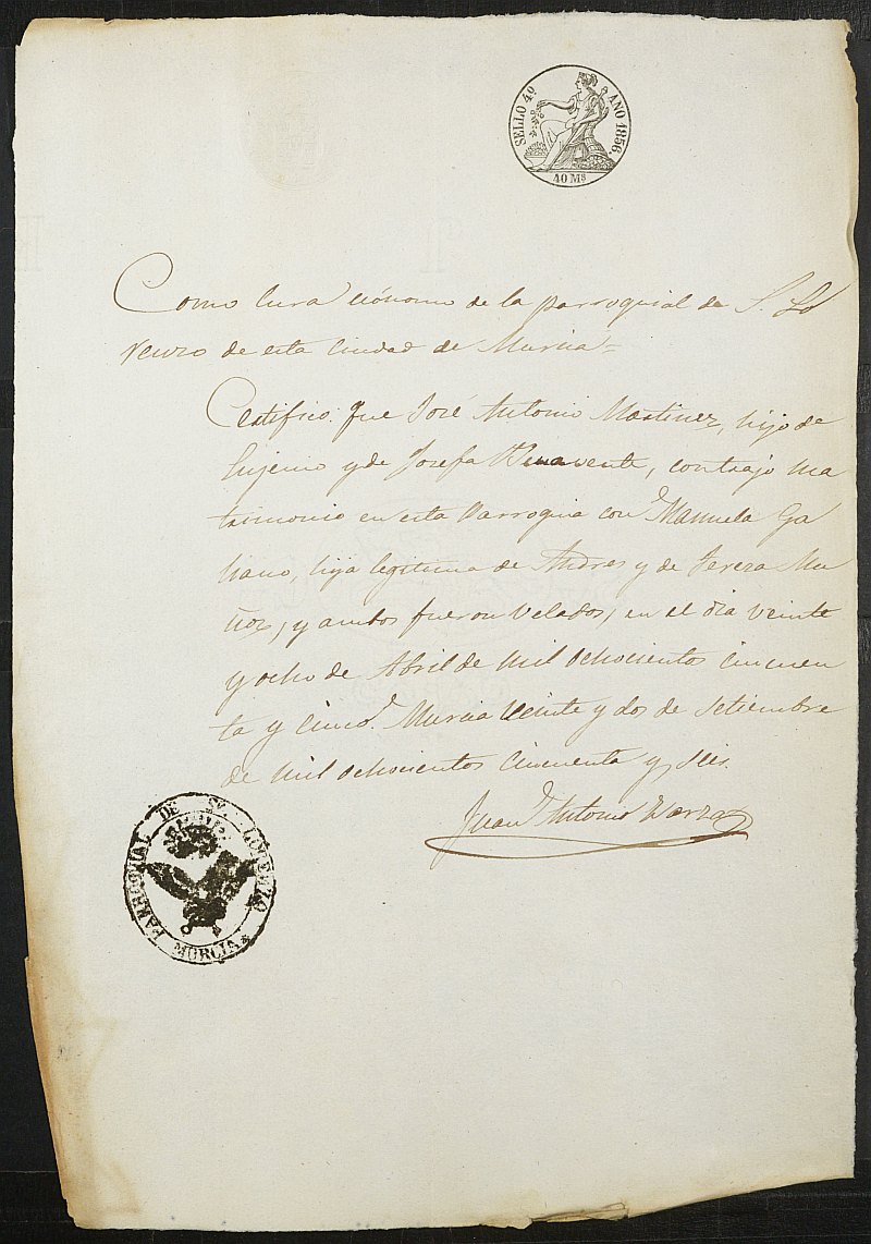 Certificado de matrimonio del cura parroco de la Iglesia de San Lorenzo en Murcia para la justificación de la excepción del servicio militar del mozo José Antonio Martínez Benavente, mozo del reemplazo de 1856 de Murcia.