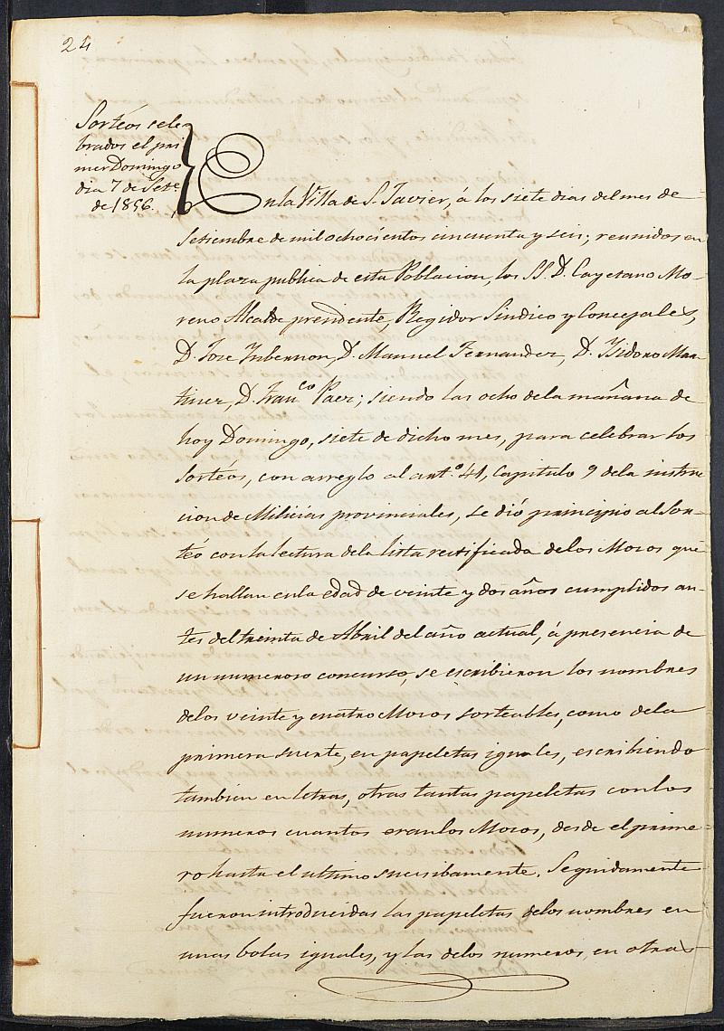 Copia certificada del acta de alistamiento, rectificación y sorteo de los mozos para las Milicias Provinciales del Ayuntamiento de San Javier del reemplazo de 1856.