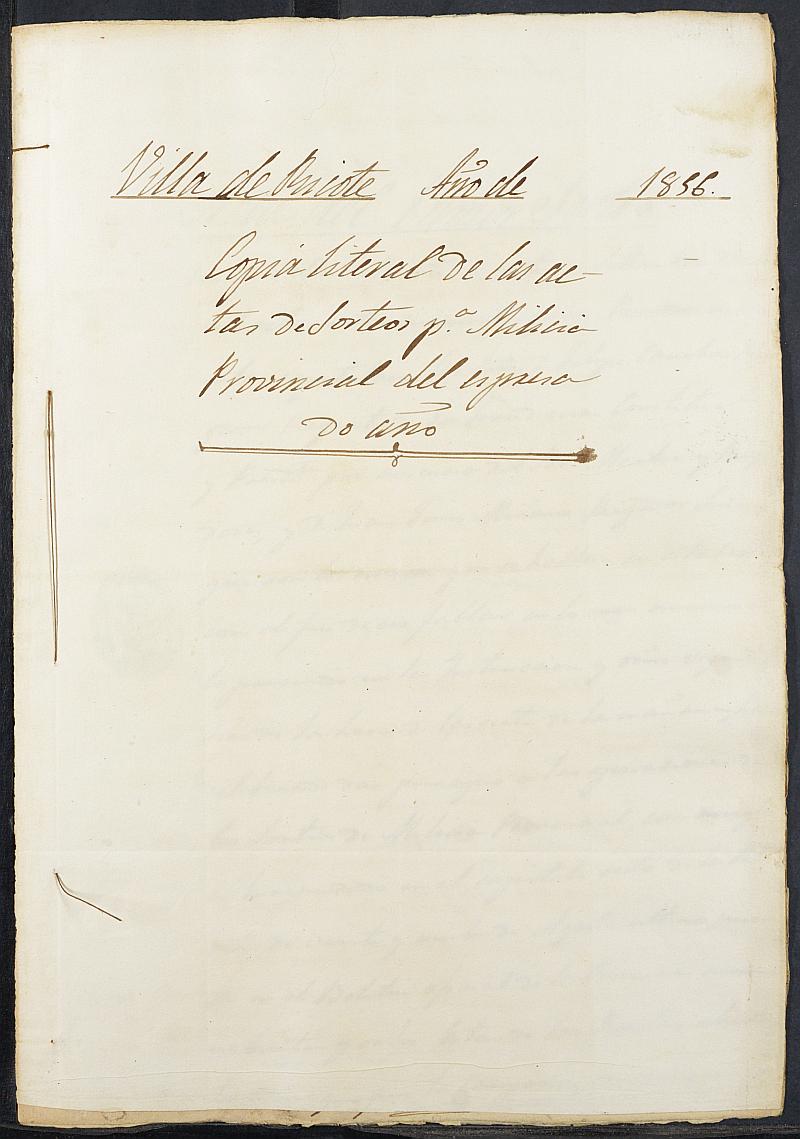 Copia certificada del acta de alistamiento, rectificación y sorteo de los mozos para las Milicias Provinciales del Ayuntamiento de Ricote del reemplazo de 1856.