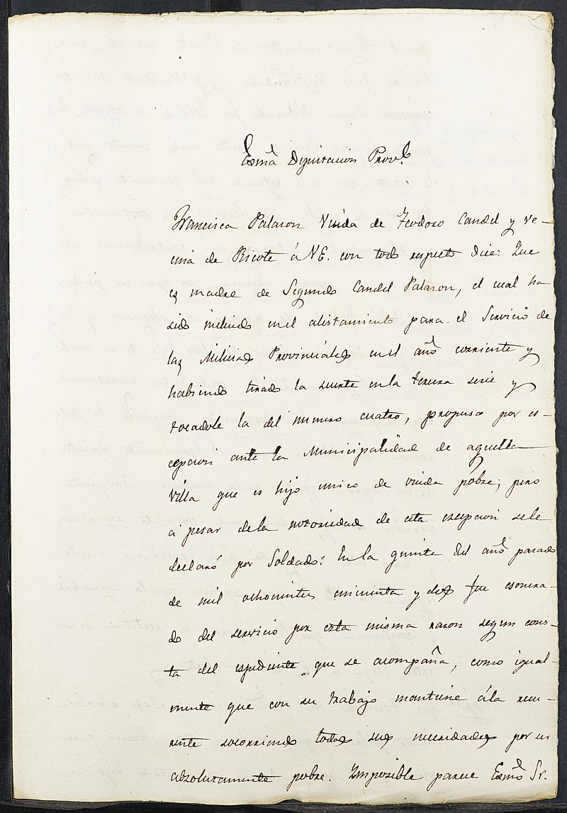Expediente justificativo de la excepción del servicio militar  para las Milicias Provinciales de Segundo Candel Palazón, mozo del reemplazo de 1856 de Ricote.