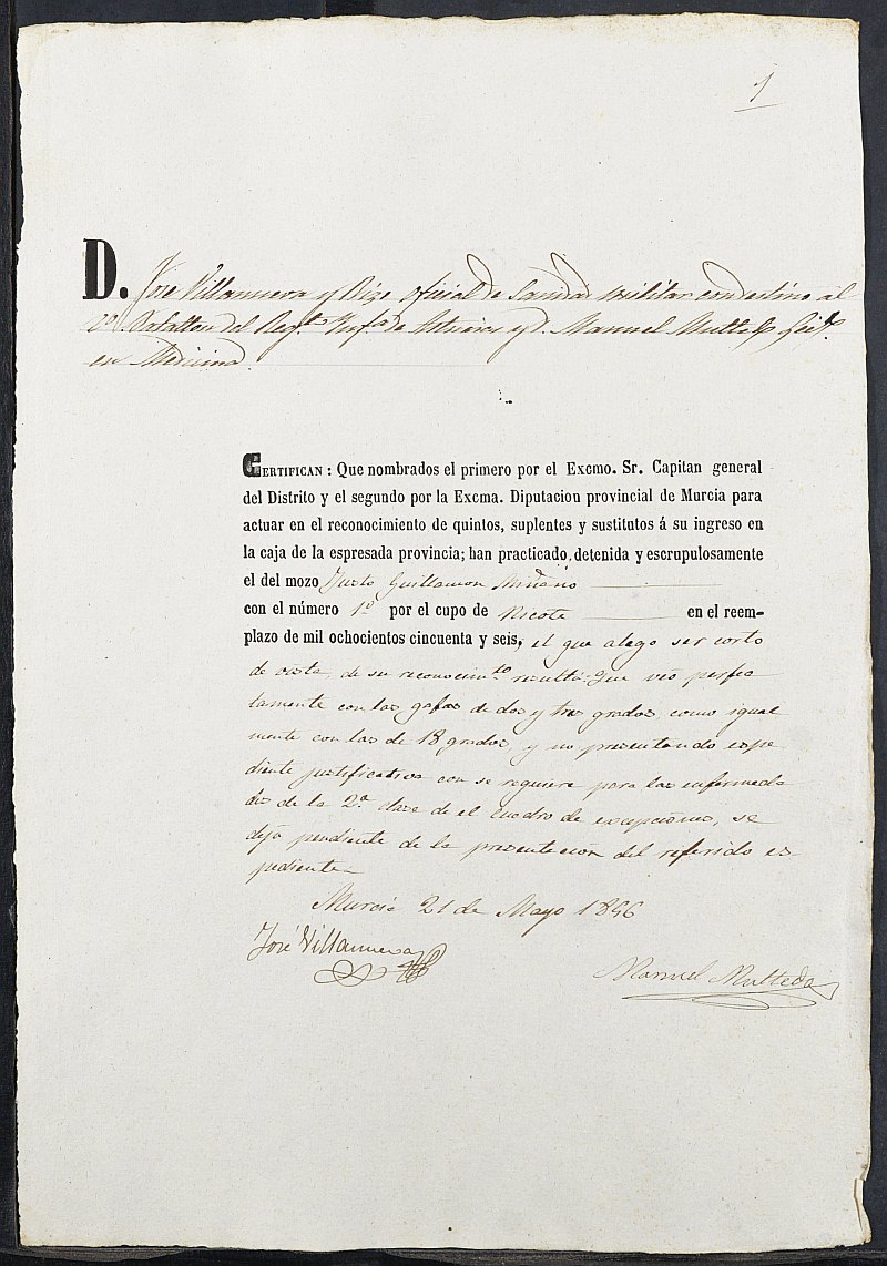 Certificados de las revisiones médicas de los mozos que alegan causa de excepción del servicio militar para el Ejército del reemplazo de 1856 de Ricote.