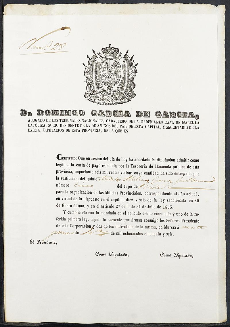 Certificado de la carta de pago de la sustitución de las Milicias Provinciales de Ándres Antolino Gómez Guillamón, mozo del reemplazo de 1856 de Ricote.