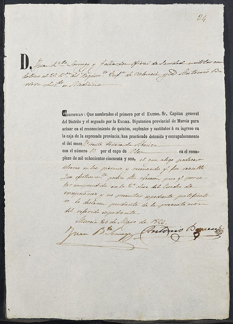 Certificado médico de Vicente Peñaranda Abenza para justificación de excepción del servicio militar, mozo del reemplazo de 1856 de Ulea.