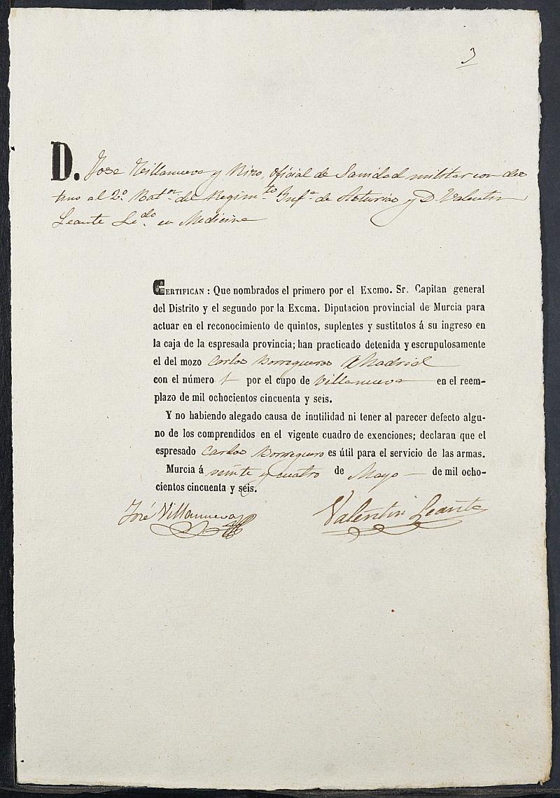 Certificado médico Carlos Borregueros Madrid para la excepción del servicio militar, mozo del reemplazo de 1856 de Villanueva del Río Segura.