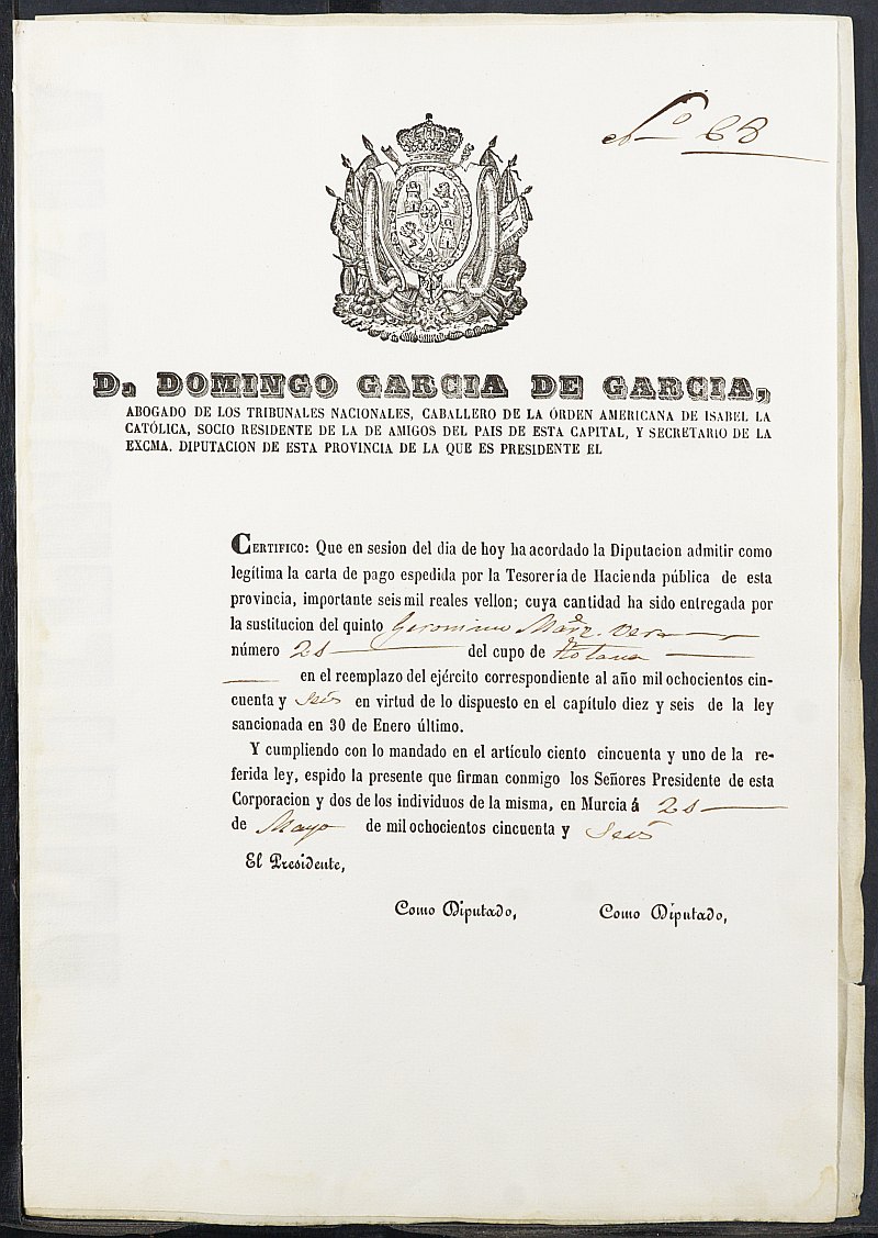 Certificados de las cartas de pago de la sustitución para el Ejército del Ayuntamiento de Totana del reemplazo de 1856.