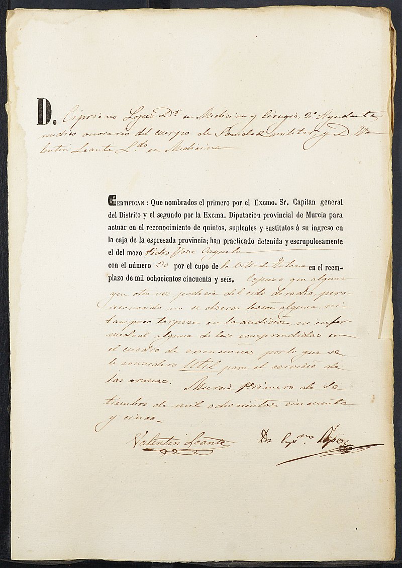 Certificados de las revisiones médicas de los mozos que alegan causa de excepción del servicio militar para el Ejército del Ayuntamiento de Totana del reemplazo de 1856.