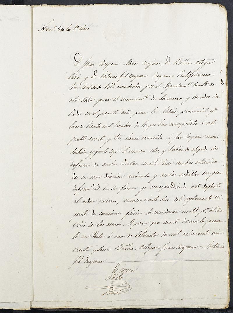Copia de las certificaciones de los médicos nombrados por el Ayuntamiento Yecla para el reconocimiento de los mozos de Milicias Provinciales del reemplazo de 1856.