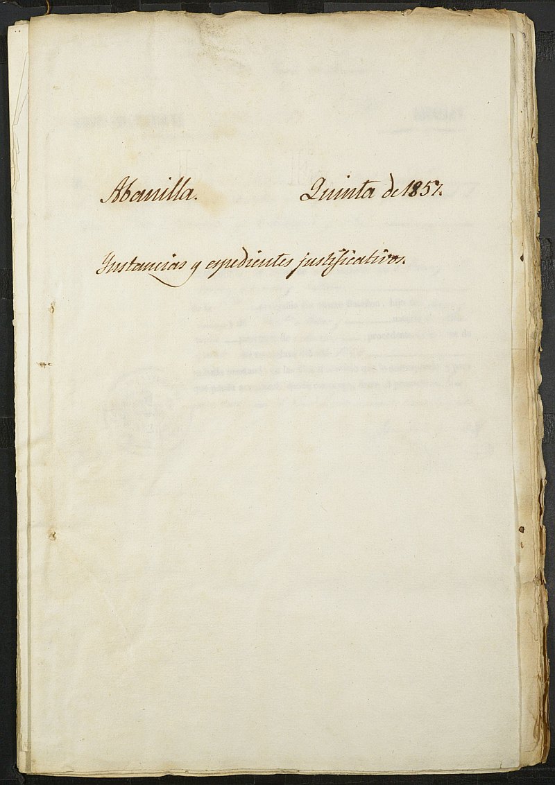Expedientes justificativos de las excepciones del servicio militar del Ayuntamiento de Abanilla del reemplazo de 1857.