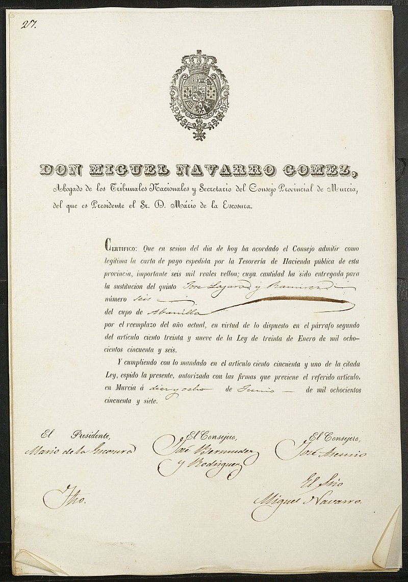 Certificados de las cartas de pago de la sustitución para el Ejército del reemplazo de 1857 de Abanilla.