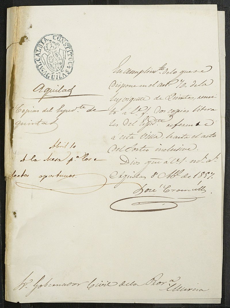 Copia certificada del acta de alistamiento, rectificación y sorteo de los mozos para el Ejército del Ayuntamiento de Águilas del reemplazo de 1857.