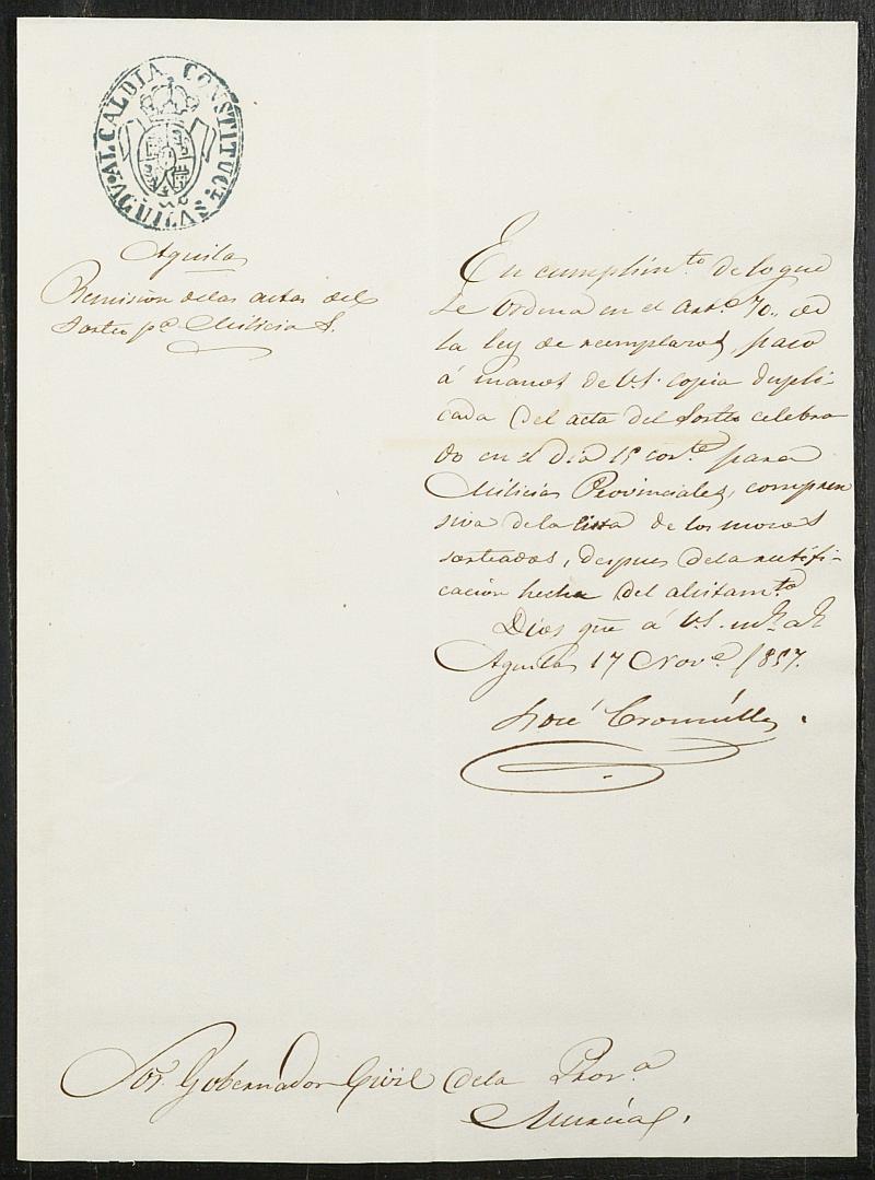 Copia certificada del acta de alistamiento, rectificación y sorteo de los mozos para las Milicias Provinciales del Ayuntamiento de Águilas del reemplazo de 1857.