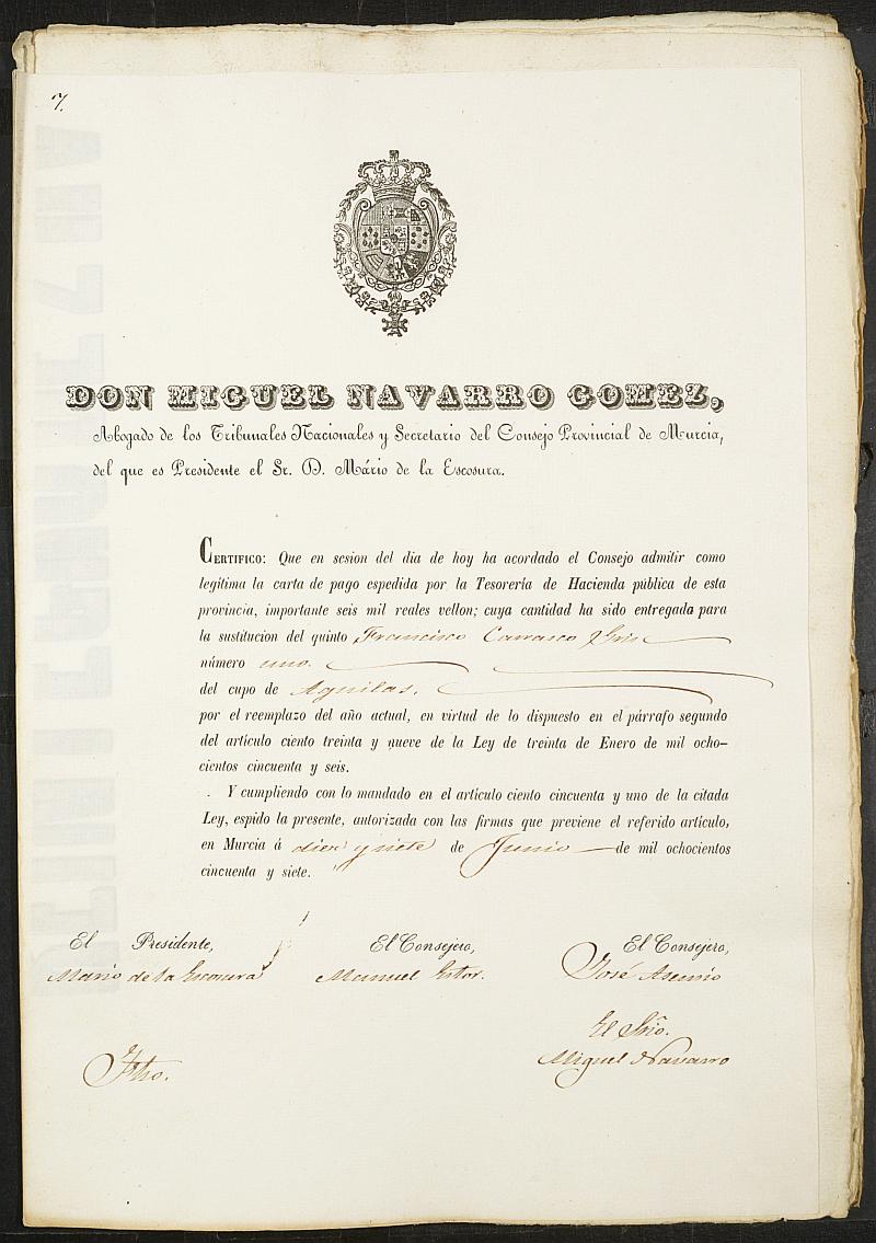 Certificados de las cartas de pago de la sustitución para el Ejército del reemplazo de 1856 de Águilas.