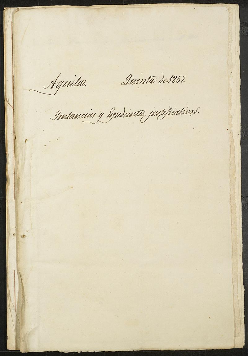 Expedientes justificativos de las excepciones del servicio militar del Ayuntamiento de Águilas del reemplazo de 1857.