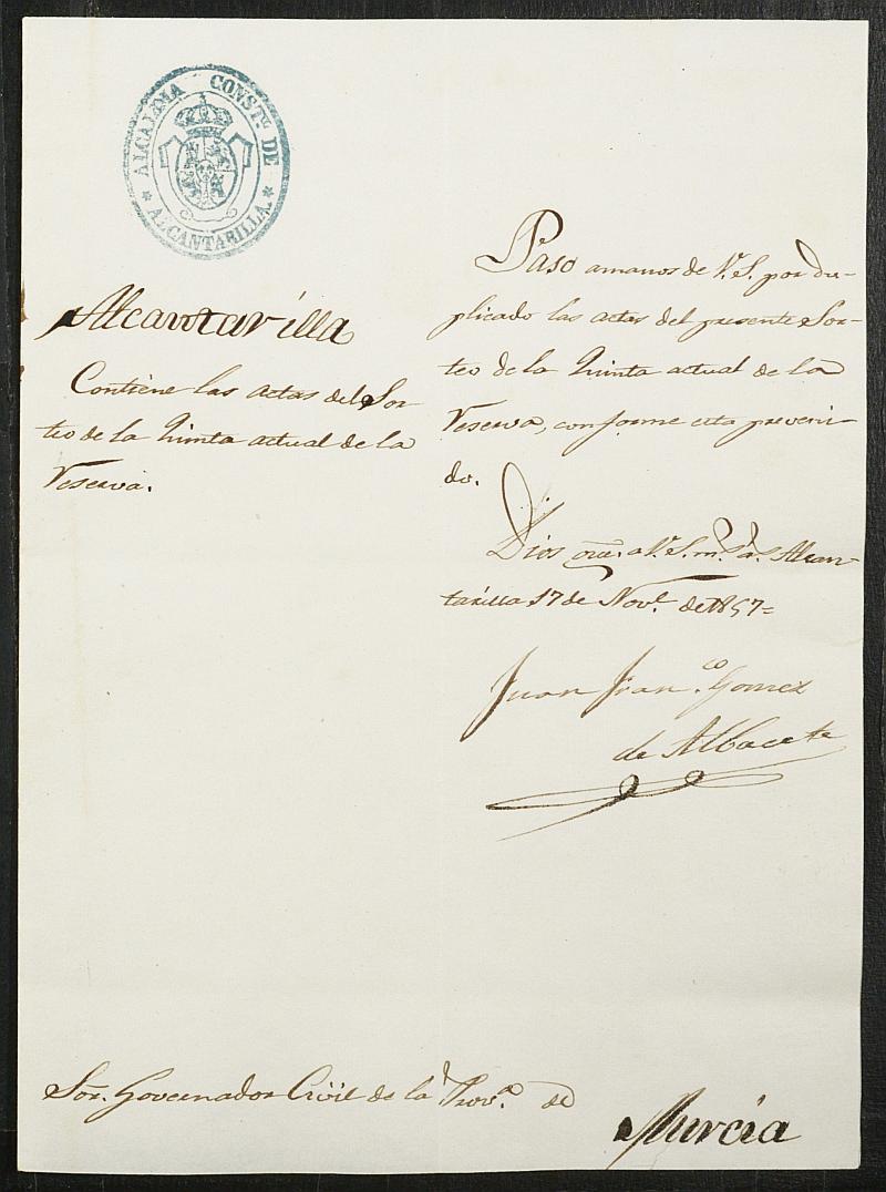 Copia certificada del acta del sorteo para las Milicias Provinciales del Ayuntamiento de Alcantarilla del reemplazo de 1857.