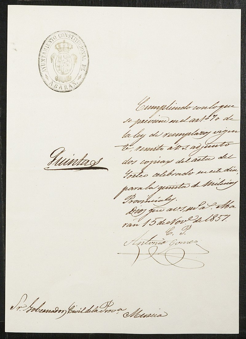 Copia certificada del acta del sorteo para las Milicias Provinciales del Ayuntamiento de Abarán del reemplazo de 1857.