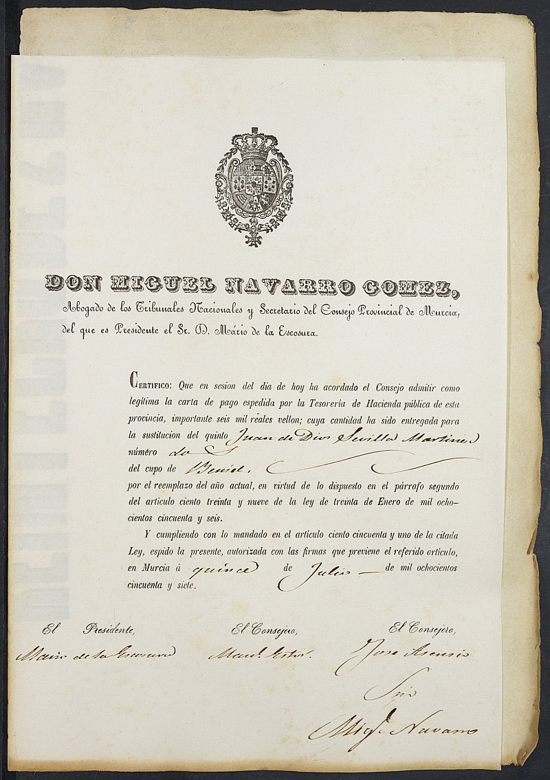 Certificados de las cartas de pago de la sustitución para el Ejército del expediente general de reclutamiento y reemplazo del Ayuntamiento de Beniel. Año 1857.