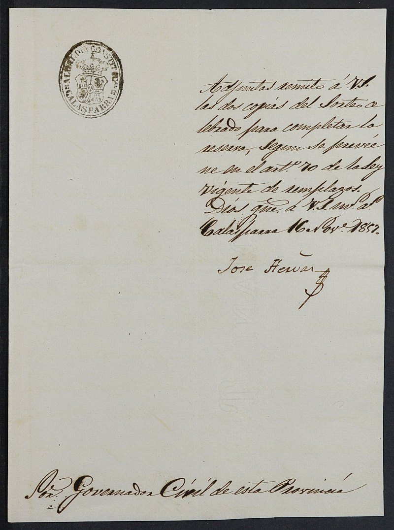Copia certificada del acta del sorteo para el Ejército del Ayuntamiento de Calasparra del reemplazo de 1857.