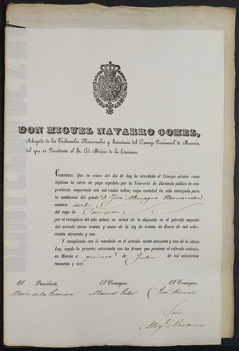 Certificados de las cartas de pago de la sustitución del reemplazo de 1857 de Campos del Río.