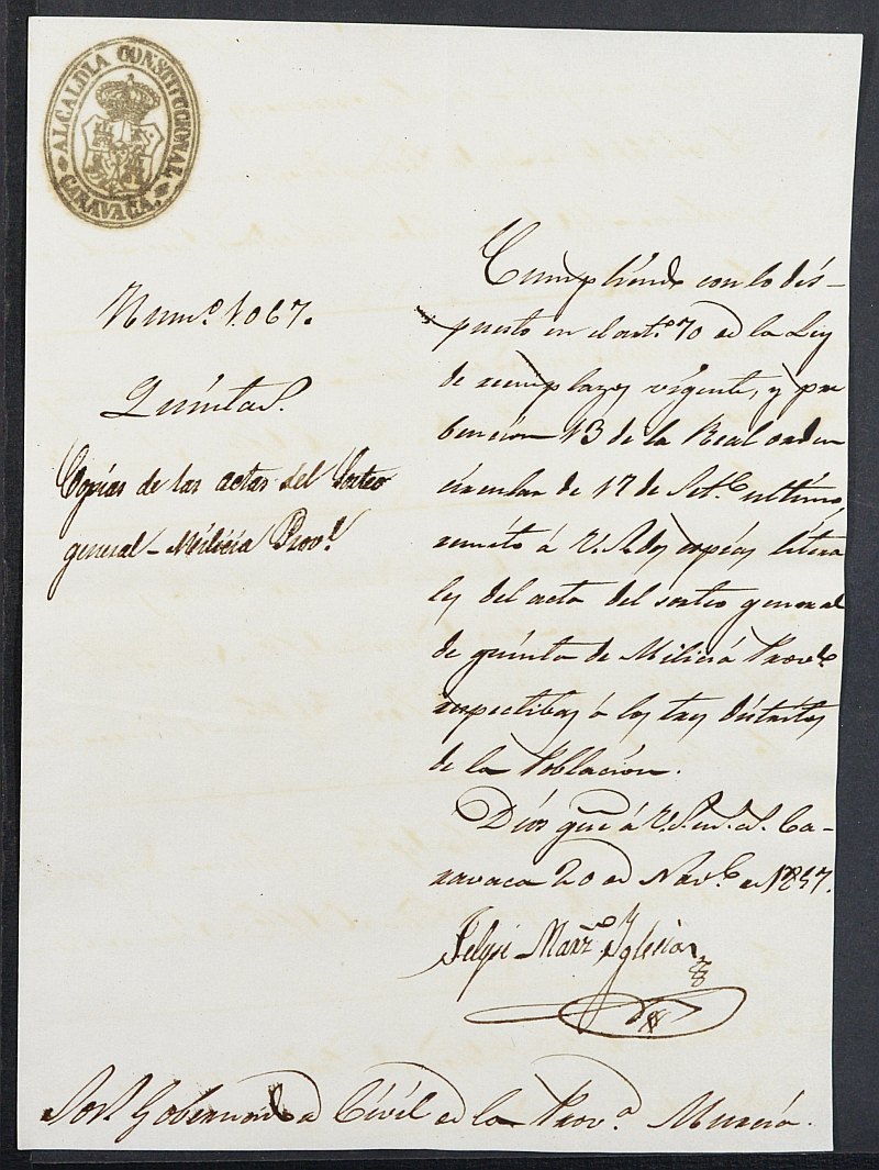 Copia certificada del acta del sorteo del Primer Distrito del Ayuntamiento de Caravaca de la Cruz del reemplazo de 1857.