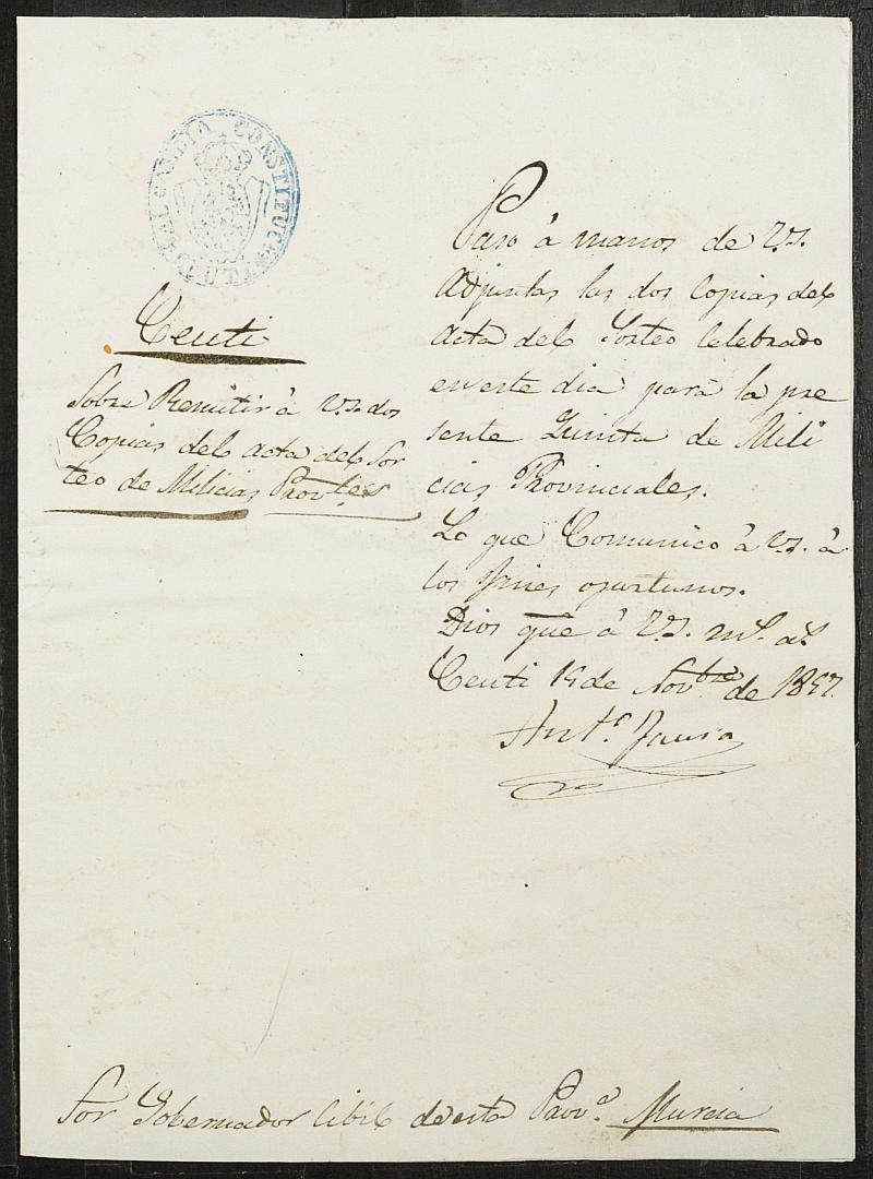 Copia certificada del acta del sorteo para las Milicias Provinciales del Ayuntamiento de Ceutí del reemplazo de 1857.