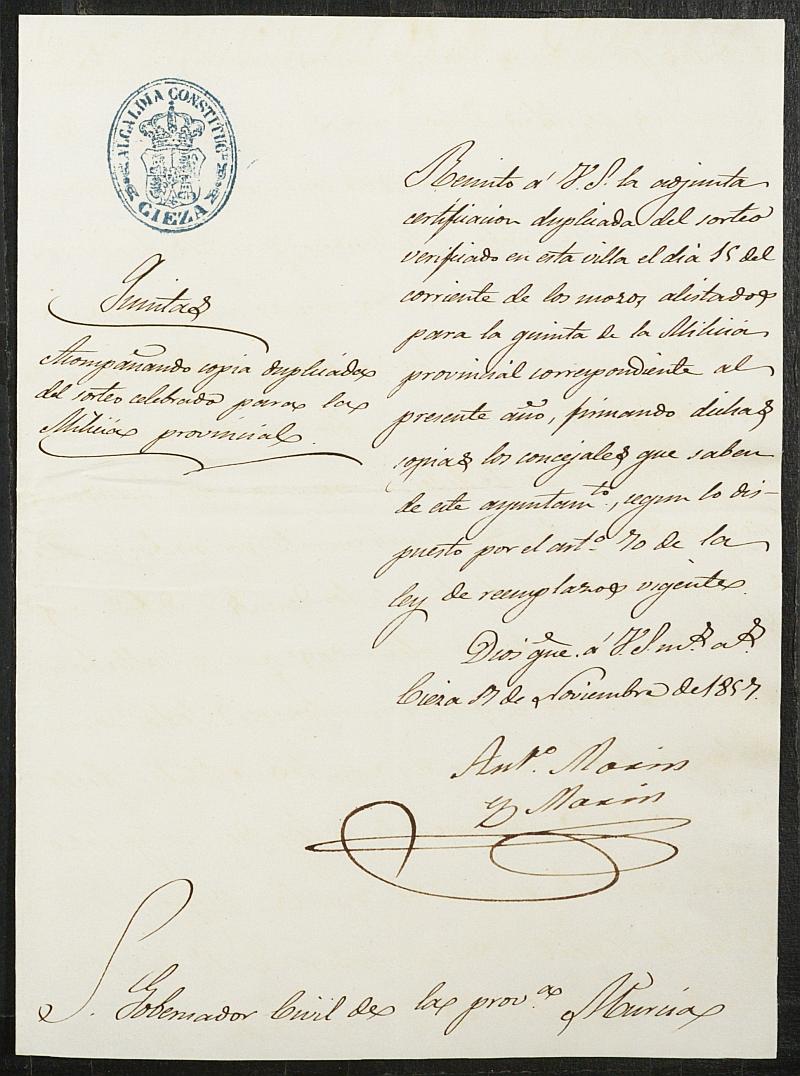 Copia certificada del acta del sorteo para las Milicias Provinciales del Ayuntamiento de Cieza del reemplazo de 1857.