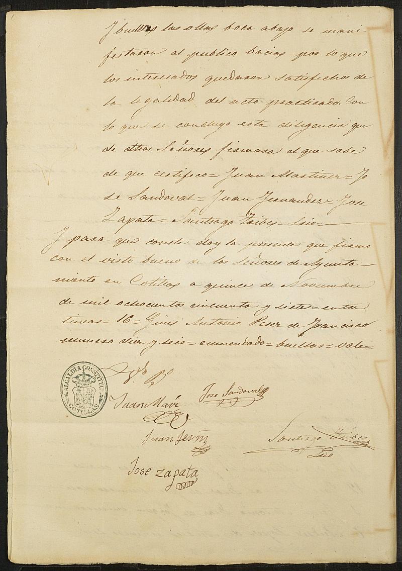 Copia certificada del acta del sorteo del Ayuntamiento de Las Torres de Cotillas del reemplazo de 1857.