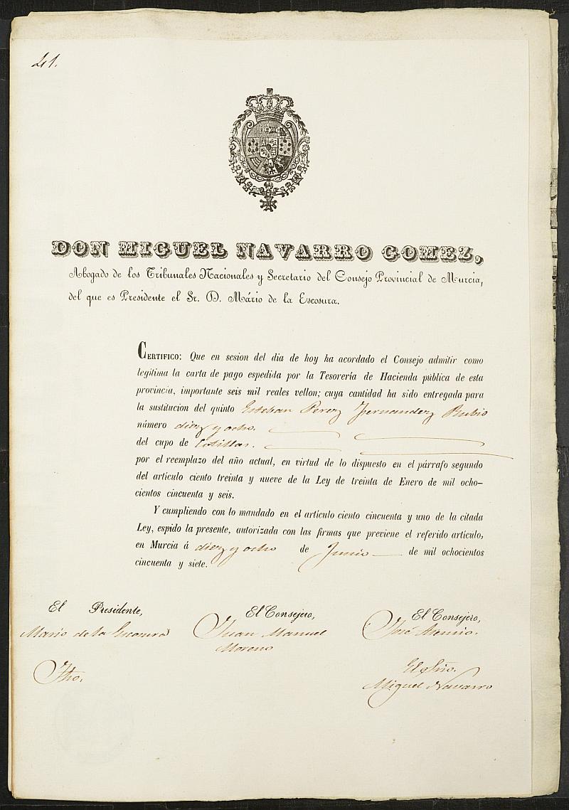 Certificados de las cartas de pago de la sustitución del reemplazo de 1857 de Las Torres de Cotillas.