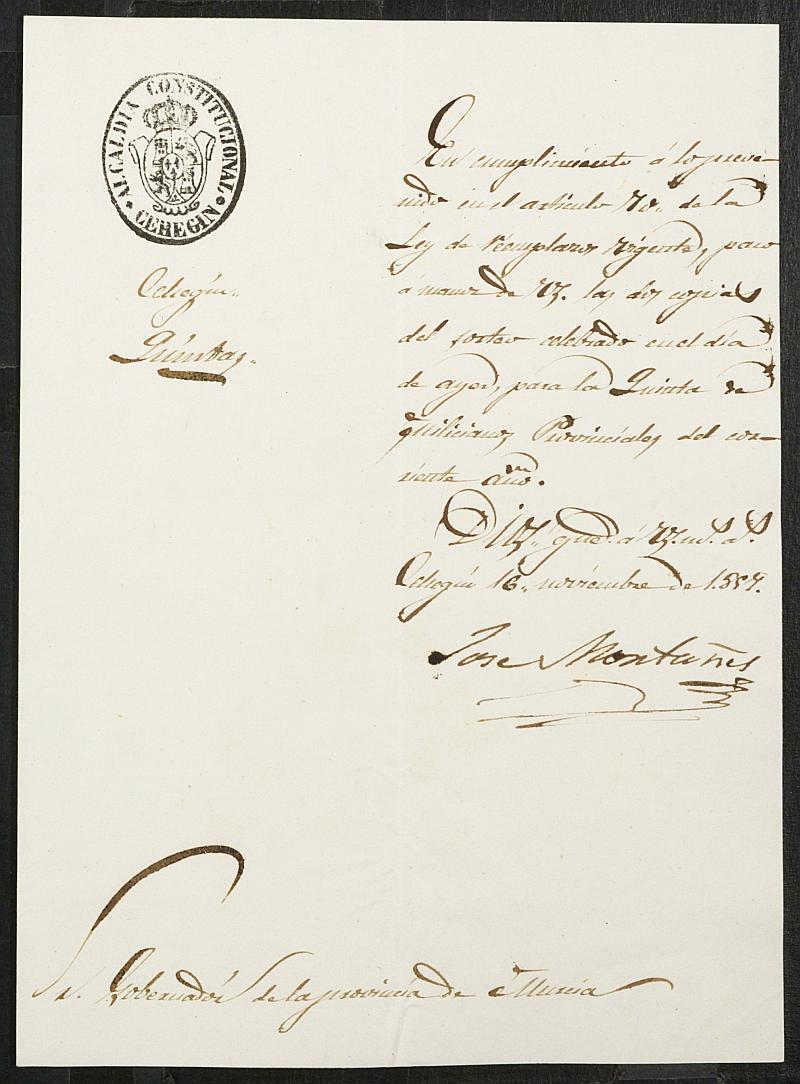 Copia certificada del acta del sorteo para las Milicias Provinciales del Ayuntamiento de Cehegín del reemplazo de 1857.