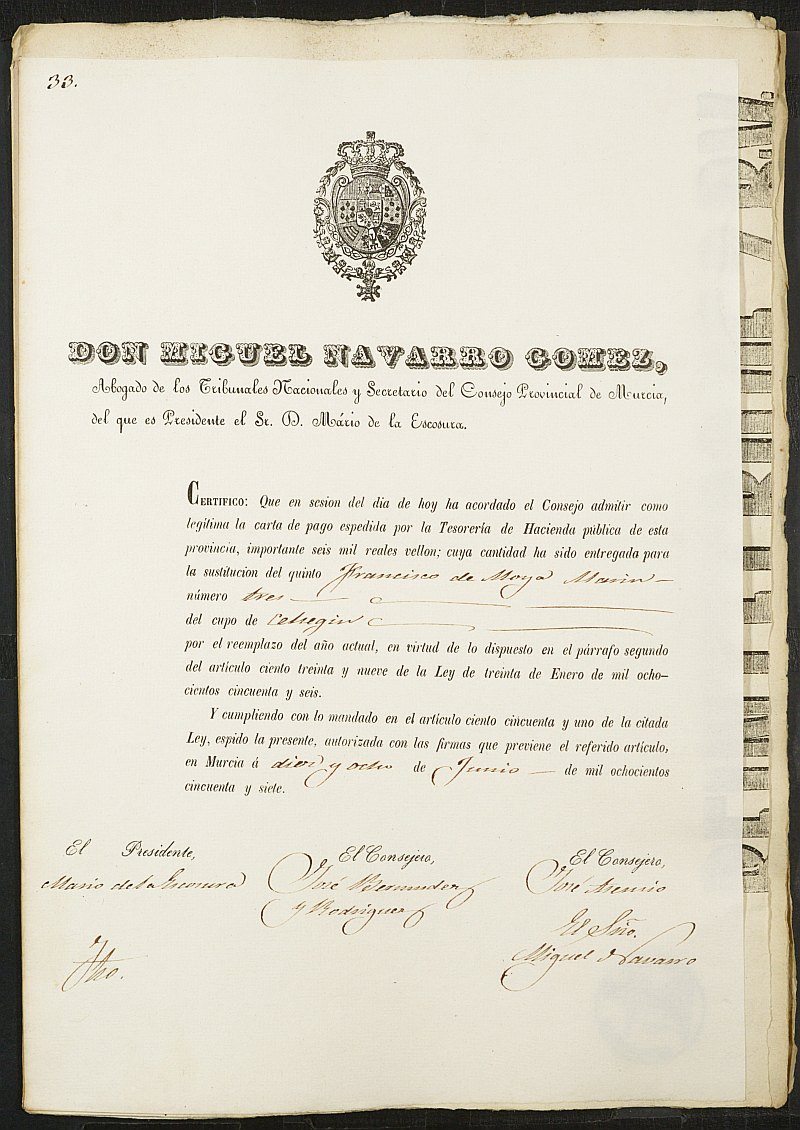 Certificados de las cartas de pago de la sustitución del reemplazo de 1857 de Cehegín