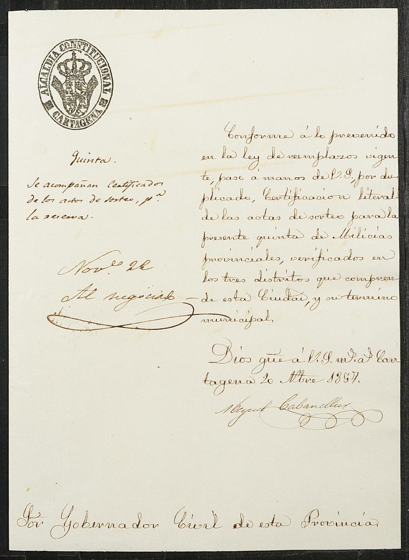 Expediente General de Reclutamiento y Reemplazo de Cartagena. Año 1857.