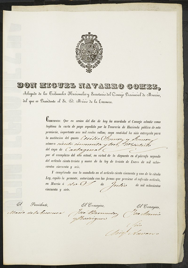 Certificados de las cartas de pago de la sustitución del reemplazo de 1857 de Cartagena.