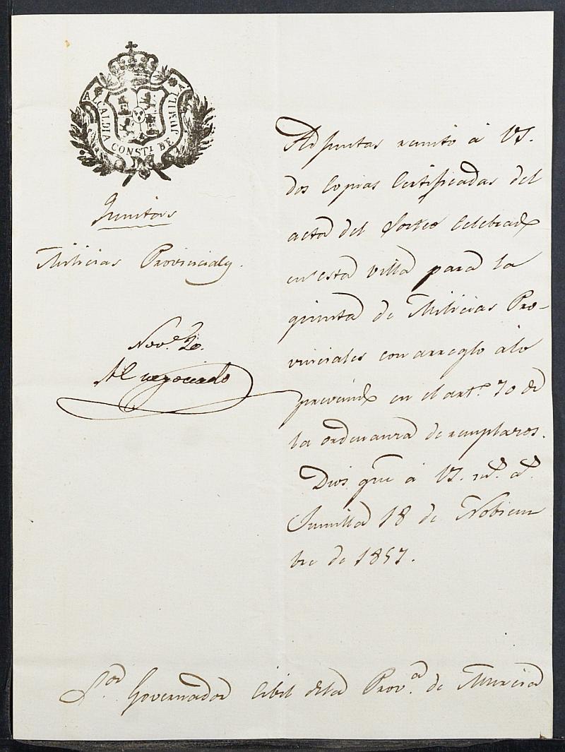 Copia certificada del acta del sorteo para la quinta de la reserva del Ayuntamiento de Jumilla del reemplazo de 1857.