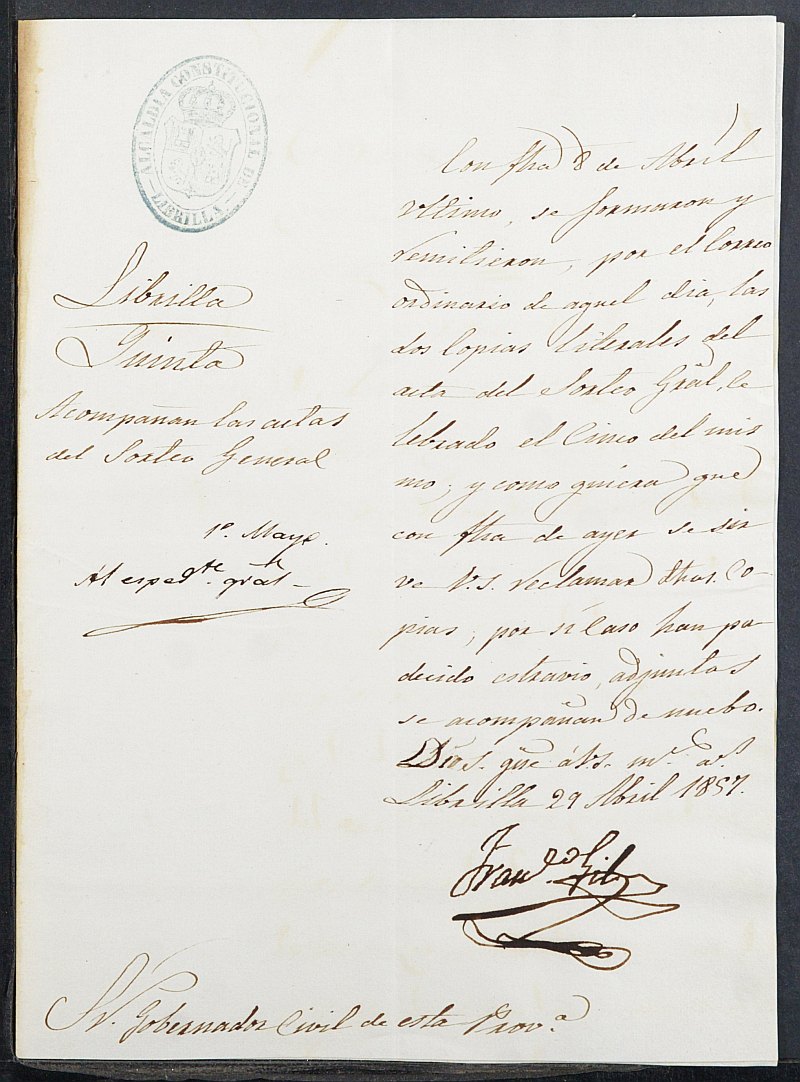 Copia certificada del acta del sorteo para el Ejército del Ayuntamiento de Librilla del reemplazo de 1857.