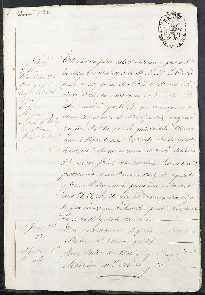 Copia certificada del acta del sorteo para las Milicias Provinciales del Tercer Distrito del Ayuntamiento de Lorca del reemplazo de 1857.