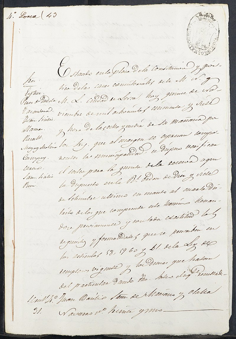 Copia certificada del acta del sorteo para las Milicias Provinciales del Cuarto Distrito del Ayuntamiento de Lorca del reemplazo de 1857.