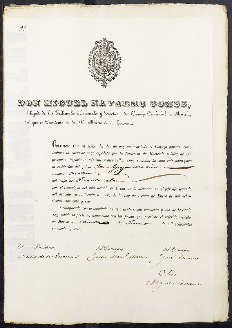 Certificados de las cartas de pago de la sustitución del reemplazo de 1857 de Fuente Álamo.