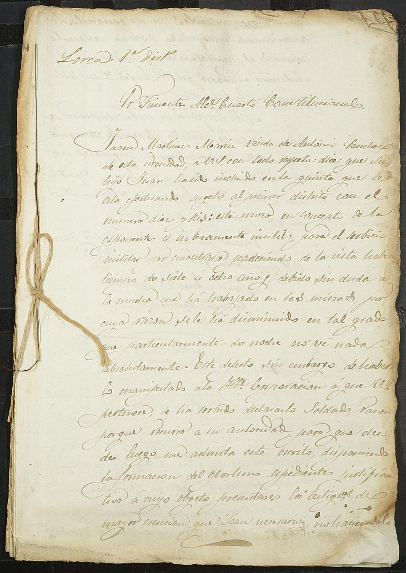Expediente justificativo de la excepción del servicio militar de Juan Sánchez Martínez, mozo del reemplazo de 1857 de Lorca.