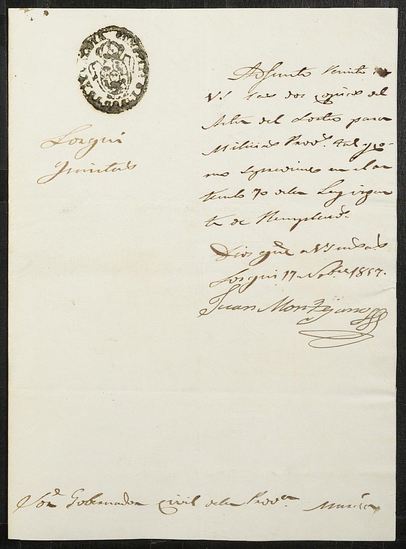 Copia certificada del acta del sorteo para las Milicias Provinciales del Ayuntamiento de Lorquí del reemplazo de 1857.