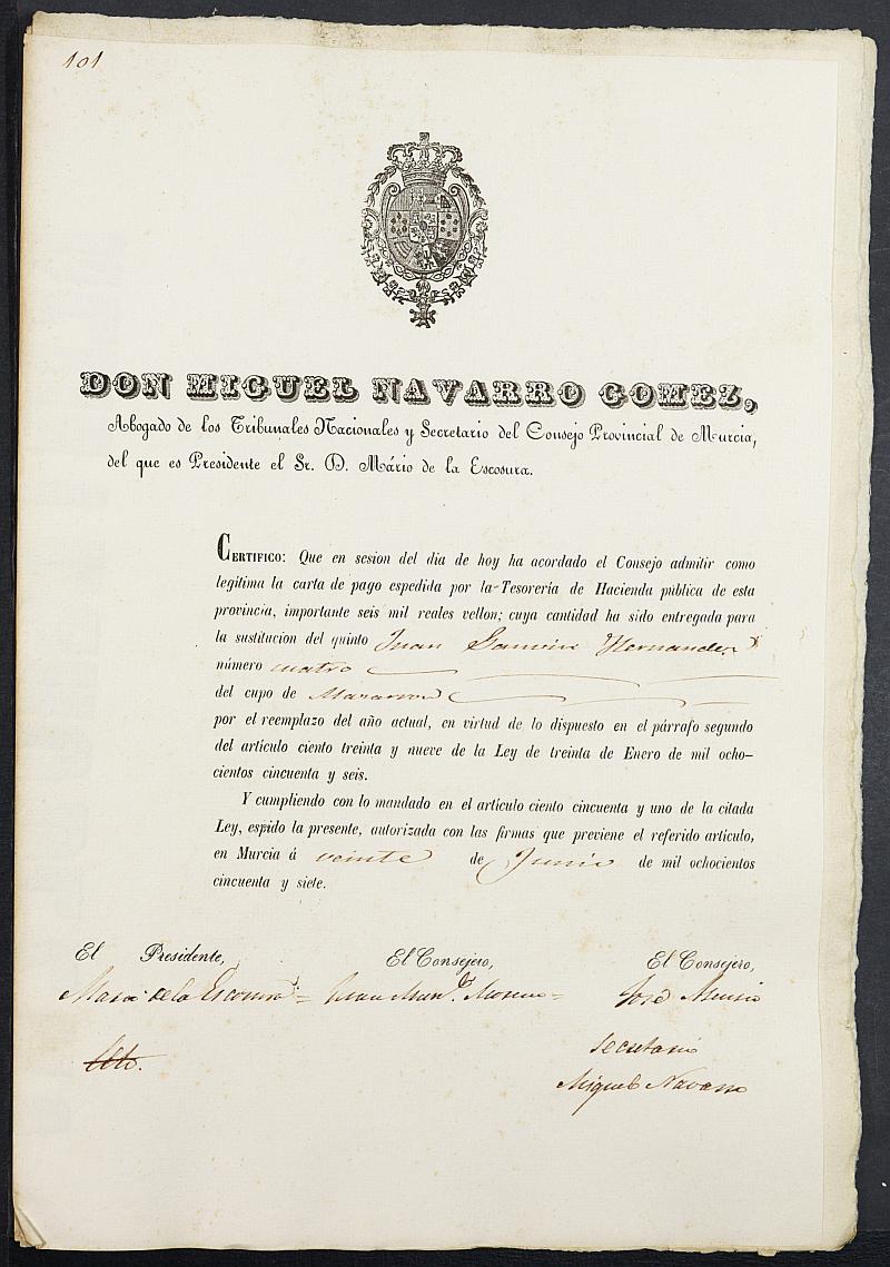 Certificados de las cartas de pago de la sustitución para el Ejército del reemplazo de 1857 de Mazarrón.