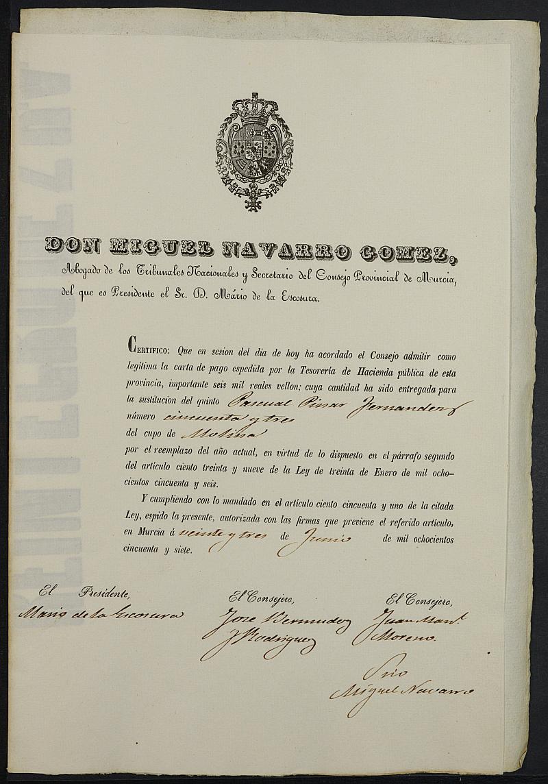 Certificados de las cartas de pago de la sustitución para el Ejército del reemplazo de 1857 de Molina de Segura.