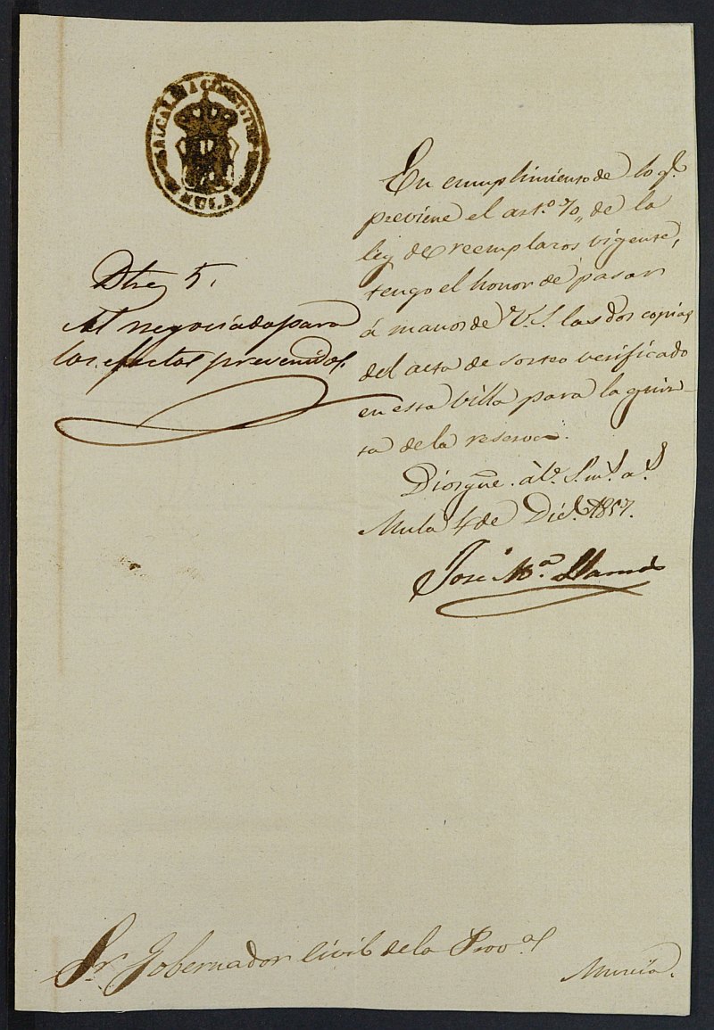 Copia certificada del acta del sorteo para la reserva de las Milicias Provinciales del Ayuntamiento de Moratalla del reemplazo de 1857.