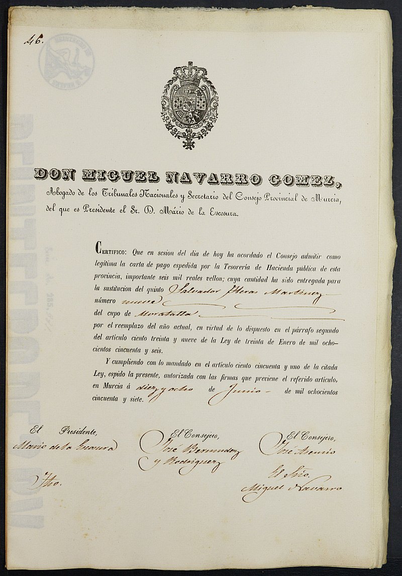 Certificados de las cartas de pago de la sustitución del reemplazo de 1857 de Moratalla.
