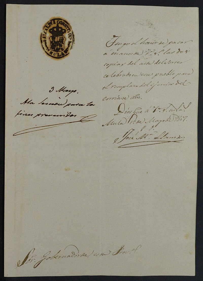 Copia certificada del acta del sorteo para el Ejército del Ayuntamiento de Mula del reemplazo de 1857.