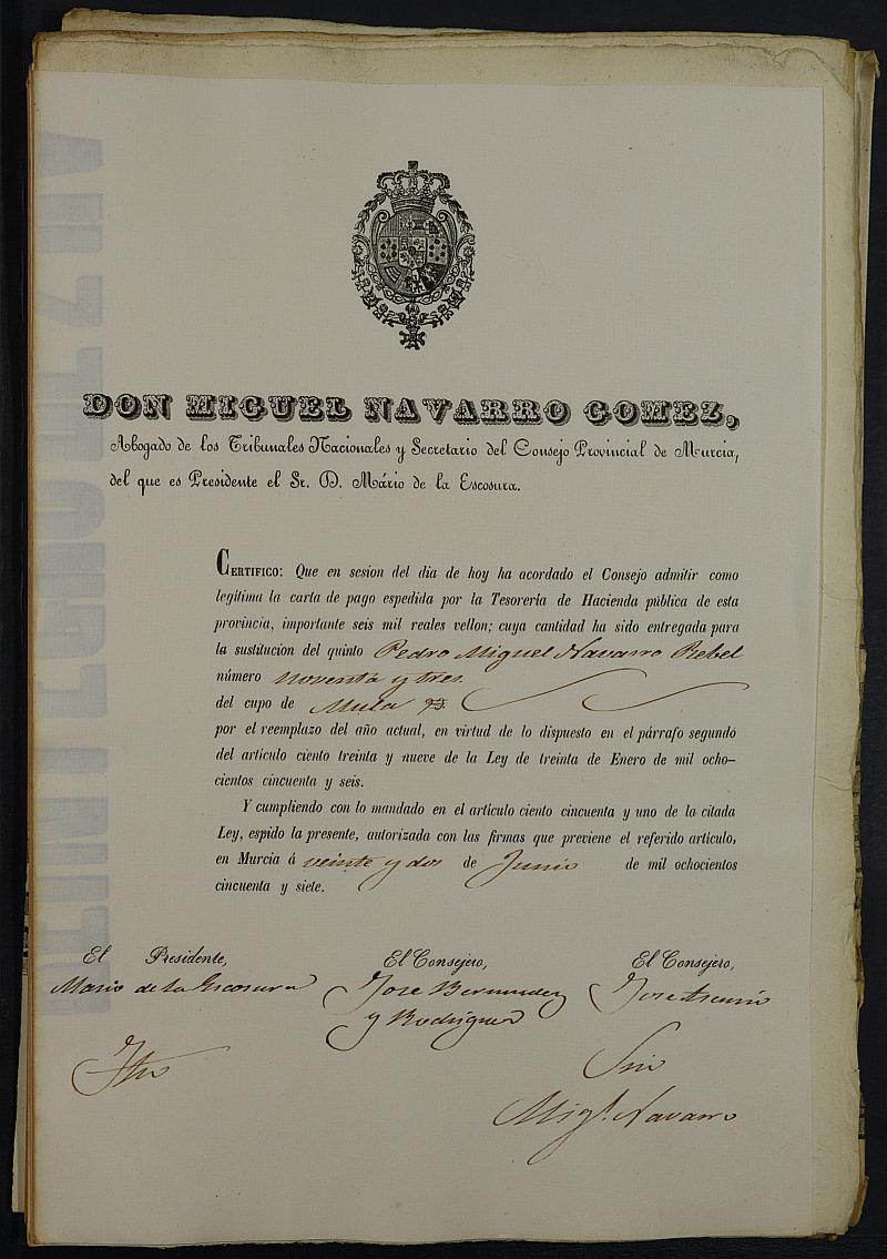 Certificados de las cartas de pago de la sustitución para el Ejército del reemplazo de 1857 de Mula.